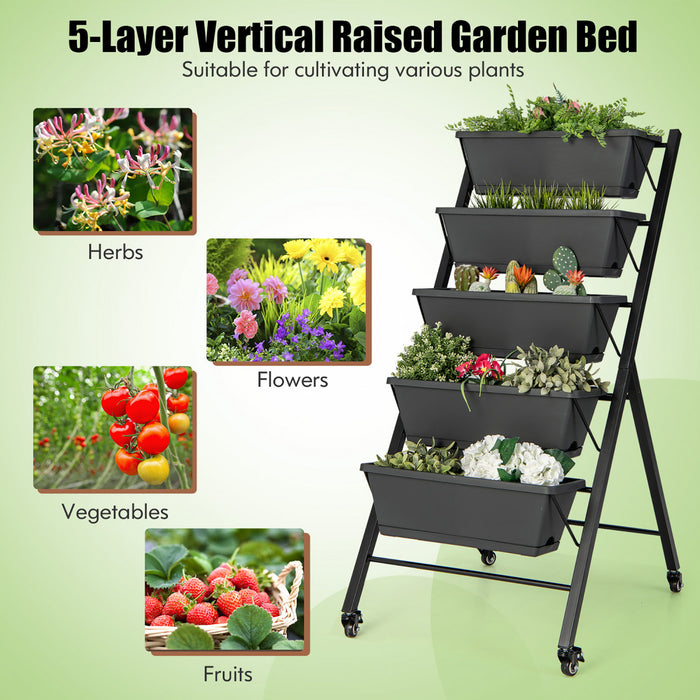 Costway 5-tier Vertical Raised Garden Bed Elevated Planter Avec Roues Et Boites A Conteneurs