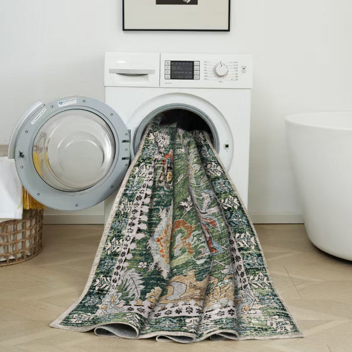 Aqua Flammes Verte Tapis Lavable Et Antiderapant A Poils Ras 8'x10'