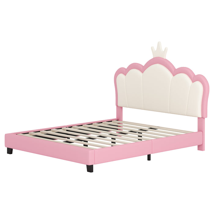 Lit Princesse Judson Tapisse Avec Tete De Lit En Forme De Couronne Et Cadre Plateforme En Pu, Taille Full, Rose