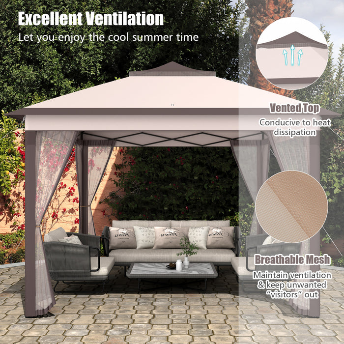 Costway 11’x11’ 2-tier Pop-up Tente Gazebo Abri A Canopy Portatif Sac De Transport Mesh Beige