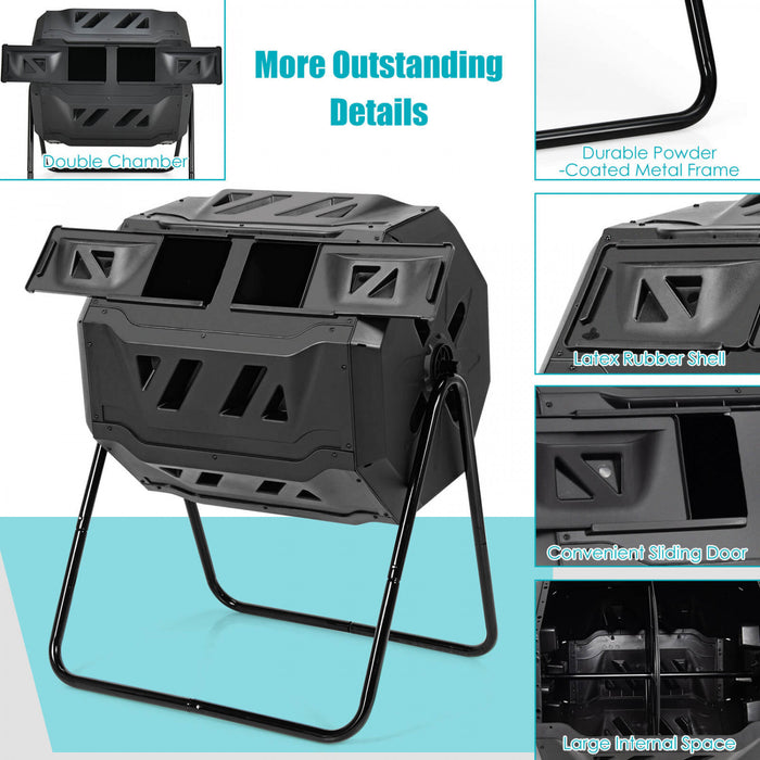 Seau A Compost Rotatif A 360° De 160 L Avec Gants De Jardin, Composteur De Jardin De Grande Capacite Avec Double Chambre, Convient Pour Le Traitement Des Feuilles, Pelures, Noir