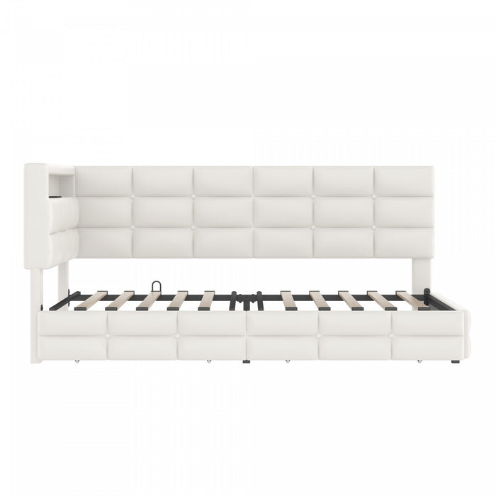Banquette-lit Sophia rembourree avec lumieres LED et tiroirs de rangement, taille simple, beige