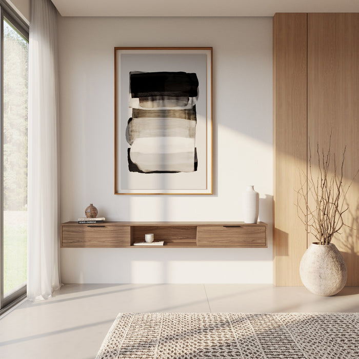 Meuble pour téléviseur mural mince Nordika de 72 po avec 2 armoires de rangement - noyer clair