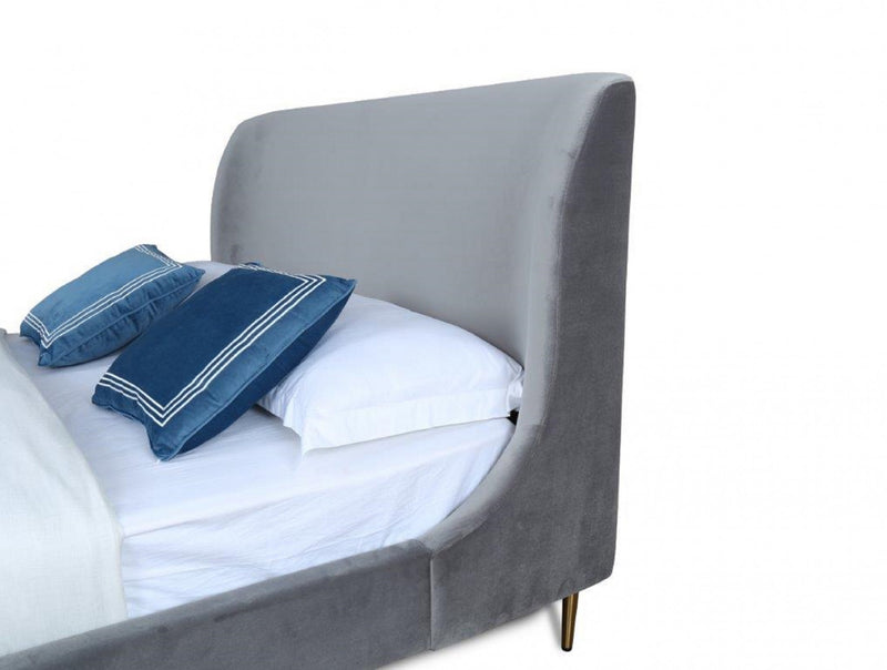 Lit Queen Heather style milieu du siecle moderne, rembourre en velours gris et or