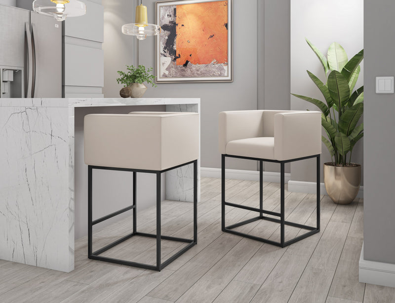 Tabouret de comptoir Embassy style milieu du siecle en metal et tissu creme - Lot de 2