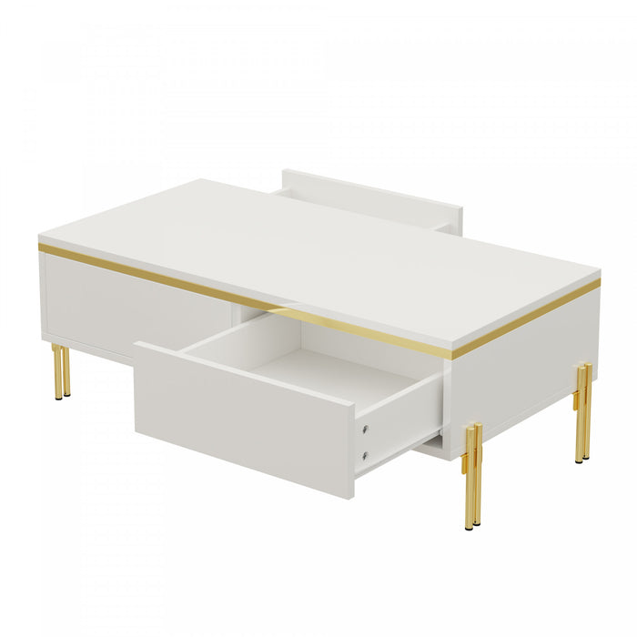 Lustra Table Basse Moderne Haute Brillance 39.4 po avec Double Tiroirs et Accents Dores, Blanc