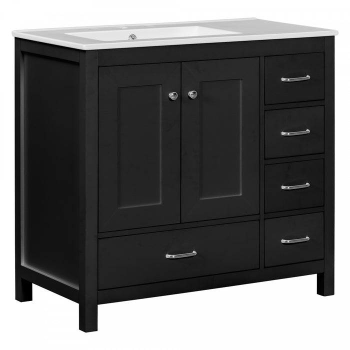 Meuble de salle de bain moderne Derek 36 pouces avec lavabo ceramique et rangement multiple, noir