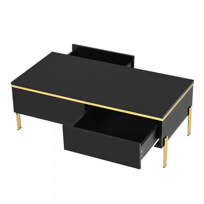 Lustra Table Basse Moderne Haute Brillance 39.4 po avec Double Tiroirs et Accents Dores, Noir