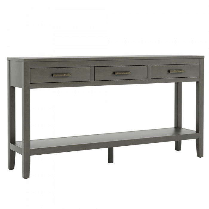 Table d'entree Emma 59,1'' de style ferme avec tiroirs et etagere ouverte, grise