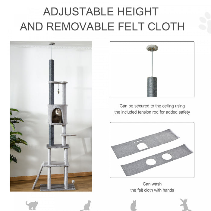 Pawhut 89\"-100\" Arbre A Chat Du Sol Au Plafond Tour D'escalade Pour Chat A 6 Niveaux Reglable En Hauteur Avec Griffoir, Rampe, Condo, Perchoir, Boule De Jouet, Grande Tour Pour Chat, Gris Clair
