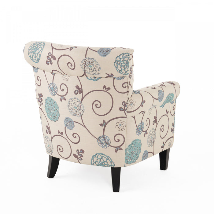 Fauteuil D’appoint Catherine En Tissu aspect lin Avec Pieds En Bois - Blanc Et Bleu