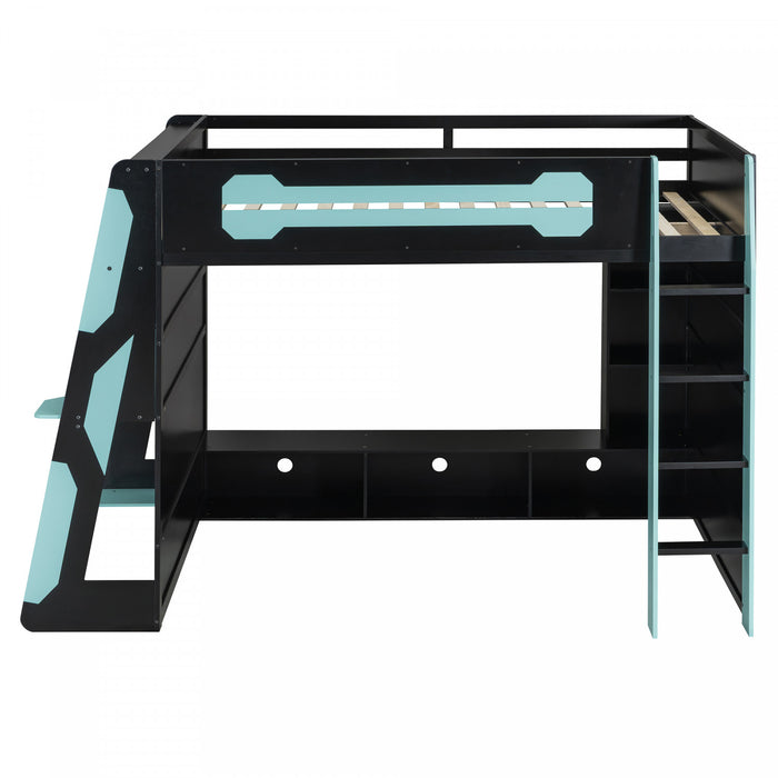 Olivia Lit mezzanine en bois avec bureau et etageres de rangement multiples, Lumiere RGB, Bleu
