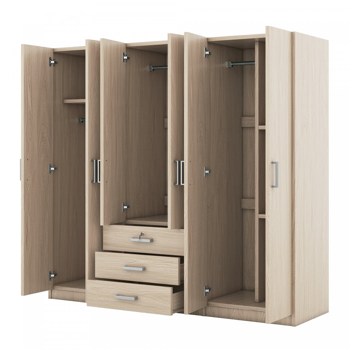 Armoire Peter En Bois De 70,9\" Avec 6 Portes, Tiroirs Et Espace De Rangement Suspendu, Marron