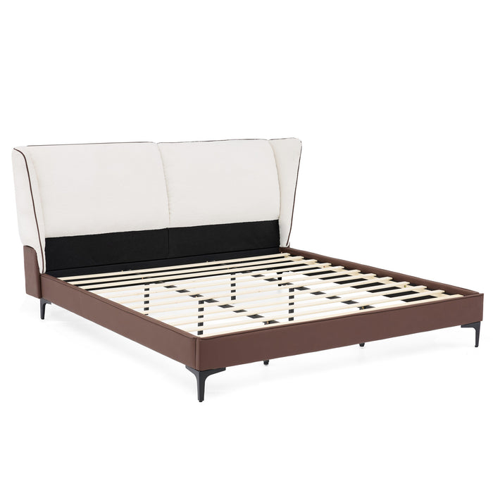 Le lit plateforme Ava en polaire Teddy avec tete de lit a oreilles et revetement en simili cuir, taille King, couleur blanche