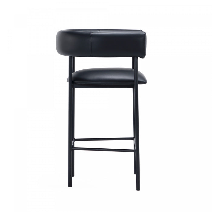 Tabouret de comptoir contemporain Onda en cuir vegetalien et metal, coloris noir