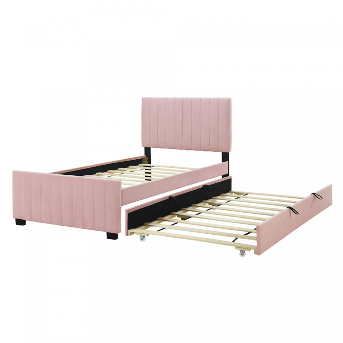 Lit plateforme Ethan rembourre en velours, gain de place, avec tiroir gigogne, taille simple, rose