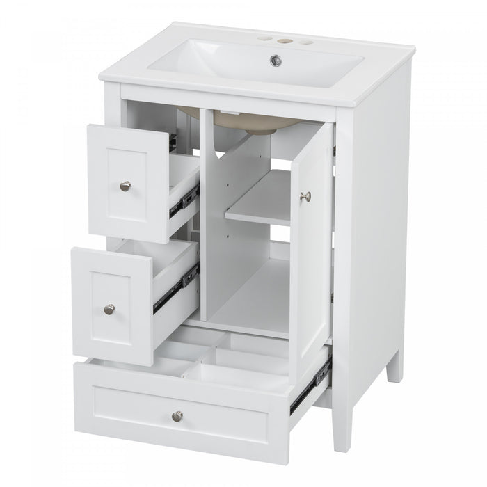 Mia Meuble-lavabo de 24\" avec vasque en ceramique et rangement a plusieurs tiroirs, Blanc