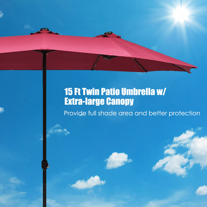 Costway Parasol de marche double-face solaire LED 15Ft Patio avec manivelle Bourgogne