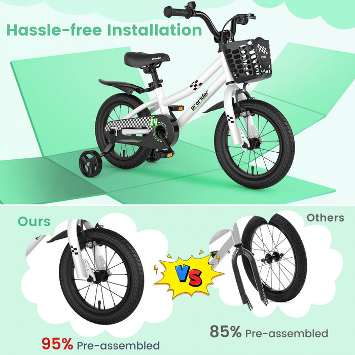 Velo Costway 14\" Pour Enfants Avec Roues D'entrainement Amovibles Et Panier Pour 3-5 Ans Blanc
