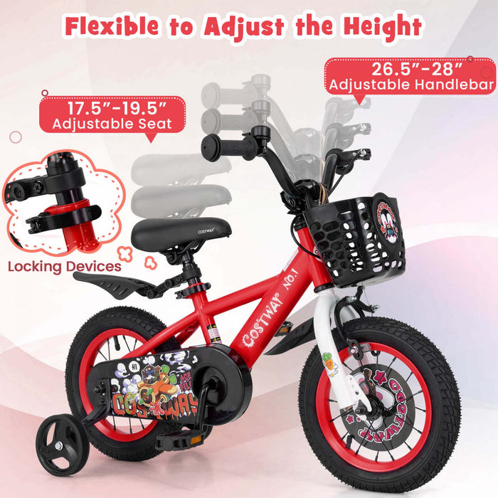 Costway 12\" Velo Pour Enfants Pour 3-4 Avec Guidon Reglable En Hauteur Et Frein A Main En Selle Rouge