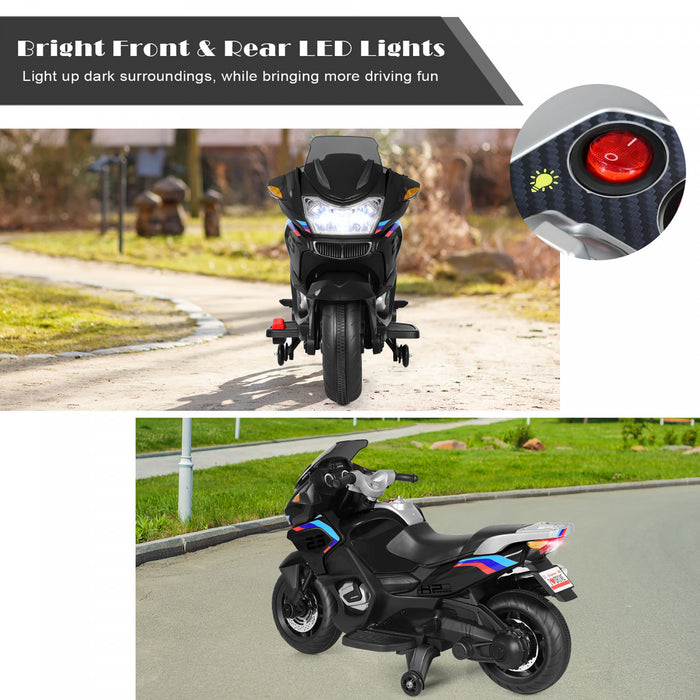 Moto Electrique 12v Pour Enfants Avec Roues D'entrainement Et Eclairage, Noir