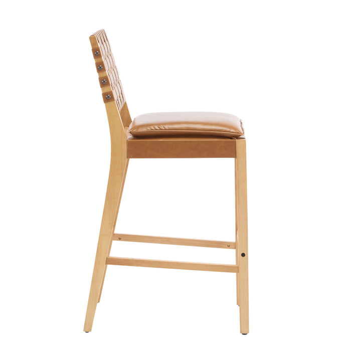 Philip – Lot de 2 tabourets de bar modernes en bois d’hevea avec dossier en tressage, finition naturelle