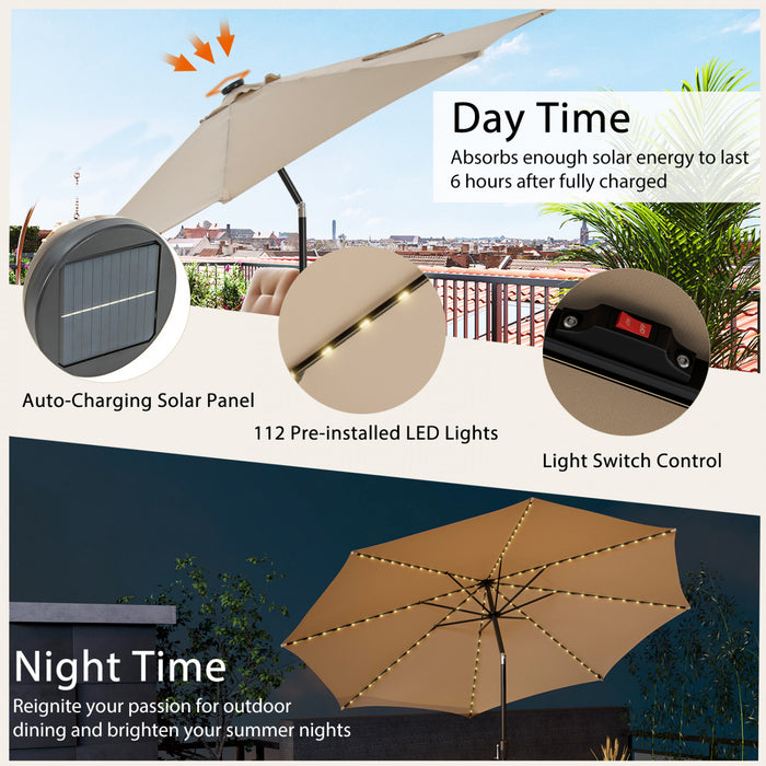 Costway Parasol de table de patio 10 FT avec 112 LED solaire, inclinaison avec manivelle, exterieur beige