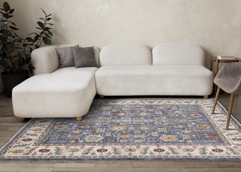 Tapis Olivia bleu a inspire tribal avec bordure, 7'10\" x 10'2\"
