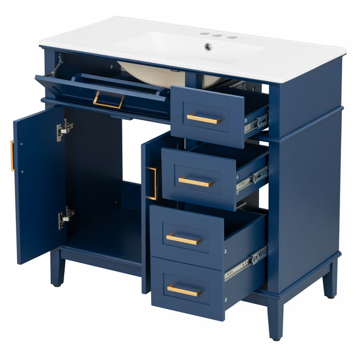 Meuble de salle de bain moderne Marshall 36 pouces avec lavabo ceramique et rangement, bleu