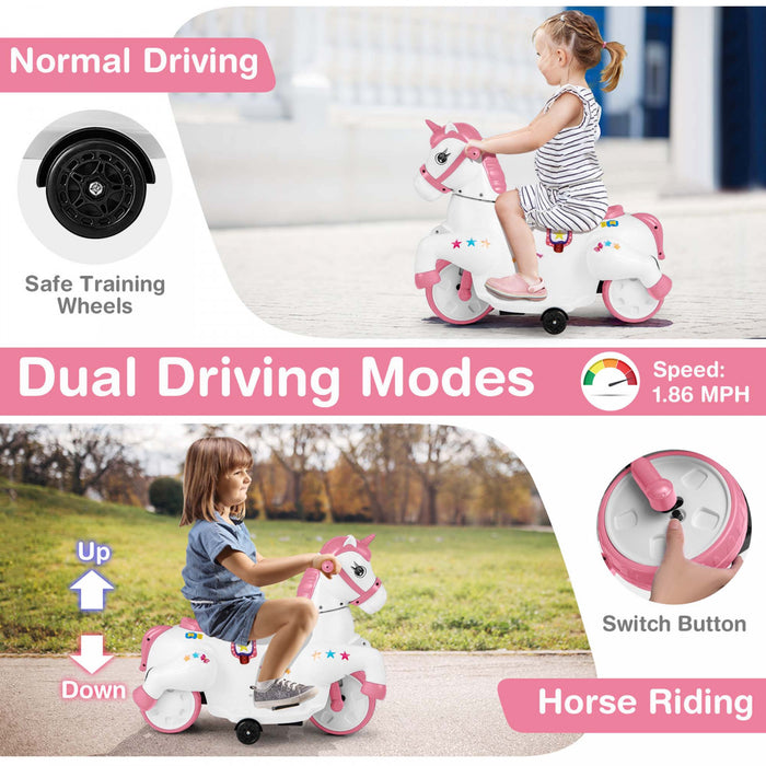 Costway 12v Enfants Monter Sur Jouet Unicorne Avec Roues D'entrainement Musique Un Bouton Demarrer Cheval Jouet Rose