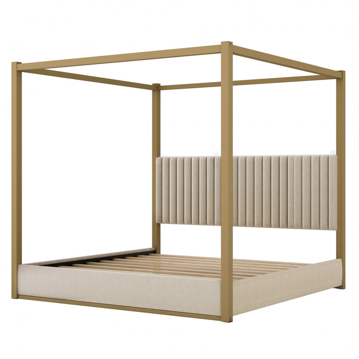 Lit plateforme Sophia a baldaquin avec tete de lit en mousse et velours, taille king, beige