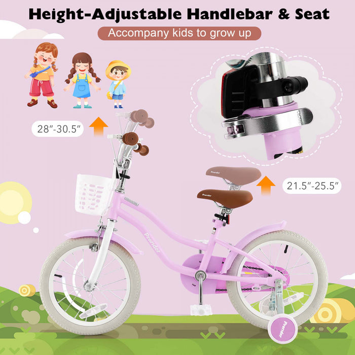 Costway 16\" Enfants Velo Tout-petit Velo Reglable Avec Roue D'entrainement Pour Fille De 4 A 7 Ans