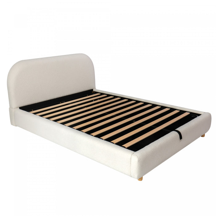 Lit plateforme Laurel avec coffre de rangement a levage hydraulique, tapisserie bouclee et espace de rangement cache sous le lit, taille Queen, blanc