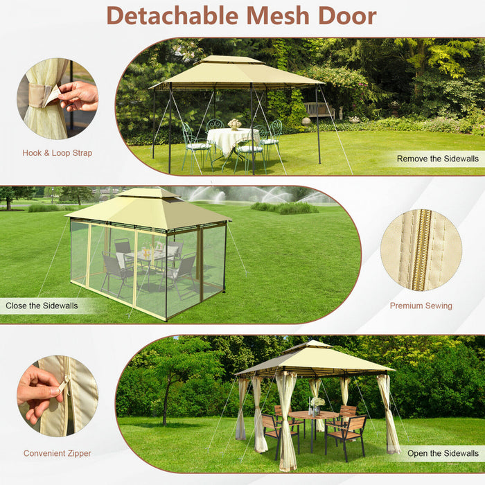 2-tier 10’x13’ Acier Gazebo Canopy Tente Abri Patio Jardin Filet Exterieur Beige