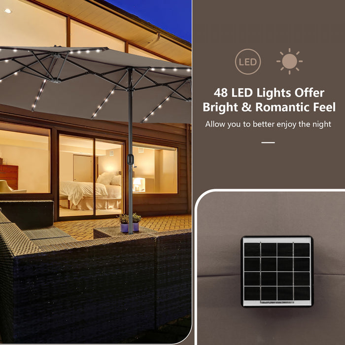 Costway Parasol double face jumeau 15FT pour patio avec 48 LED solaires a manivelle Cafe