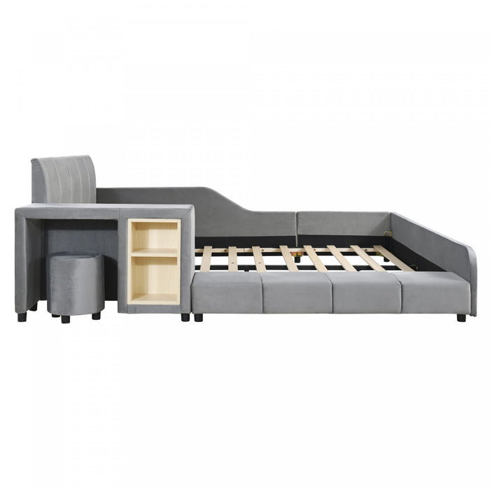 Lit Lily en velours rembourre avec bureau et tabouret, taille Full, gris