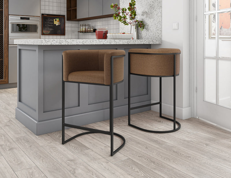 Tabouret de comptoir moderne du milieu du siecle en metal et tissu, finition chataigne