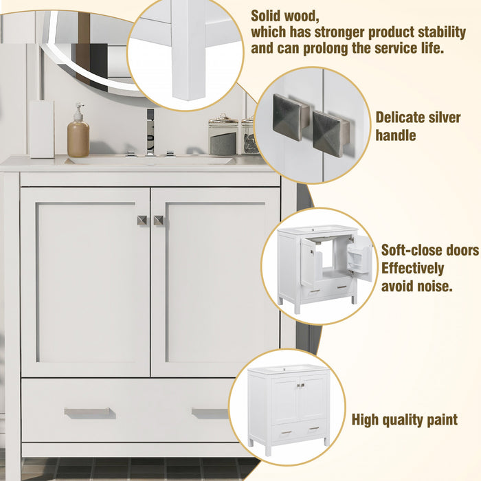 Solstice Meuble-Lavabo Simple 60 po avec Portes et Tiroir a Fermeture Amortie, Blanc