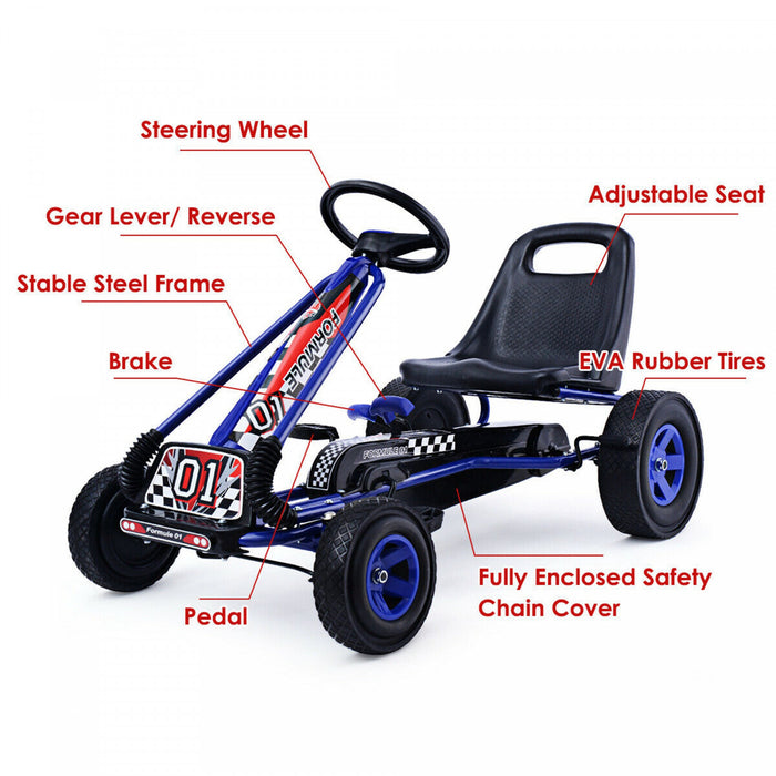 Costway Kart A Pedales Pour Enfant Karting Enfant Velo Et Vehicule D’enfants A L'exterieur Jouet Avec Siege Ajustable 4 Roules Bleu