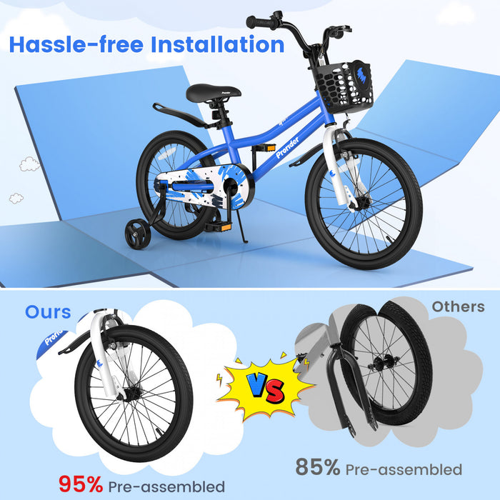 Velo Costway 18\" Pour Enfants Avec Roues D'entrainement Amovibles Et Panier Pour 4-8 Ans Bleu