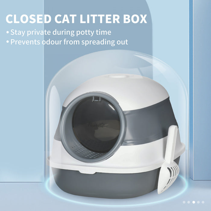 Pawhut Bac A Litiere Pour Chat Avec Couvercle, Avec Cotes Hauts, Assainisseur D'air, Grand Bac A Litiere Pour Chat A Entree Bidirectionnelle, Pliable, Facile A Nettoyer, Blanc Et Gris