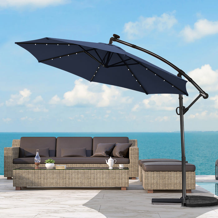 Costway Parasol deporte de patio de 10 pieds, alimente par energie solaire, LED, rotation a 360 degres, aluminium, bleu marine
