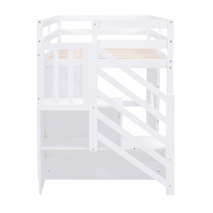 Martin – Lit Mezzanine Simple En Bois Massif Avec Escaliers De Rangement, Fenetre Ludique Et Eclairage Del – Blanc