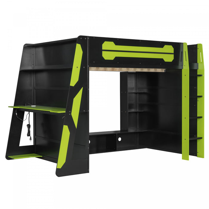 Olivia Lit mezzanine en bois avec bureau et etageres de rangement multiples, Lumiere RGB, Vert