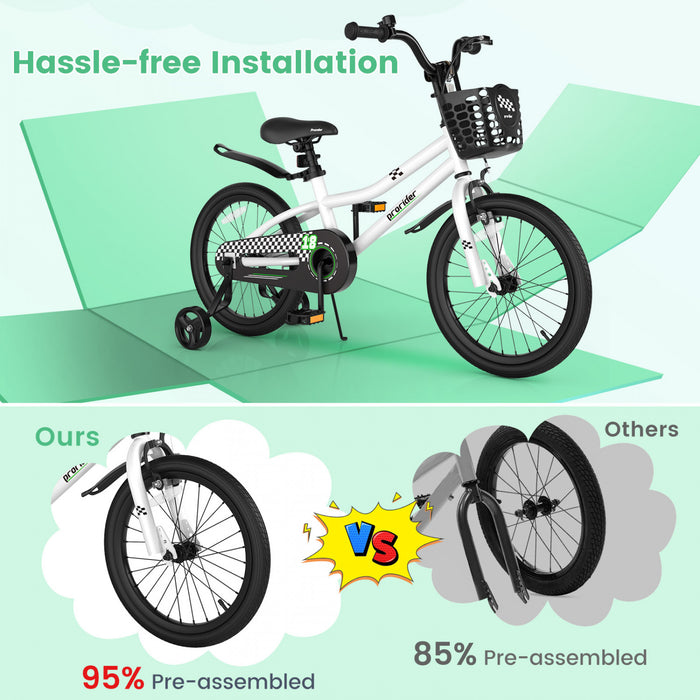 Velo Costway 18\" Pour Enfants Avec Roues D'entrainement Amovibles Et Panier Pour 4-8 Ans Blanc