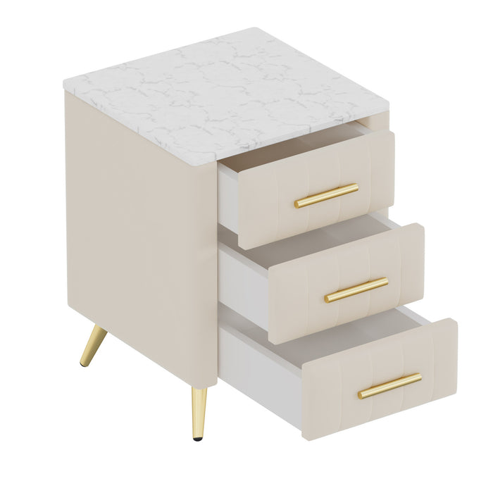 Table de chevet Dylan en bois rembourre avec 3 tiroirs et pieds en metal, beige