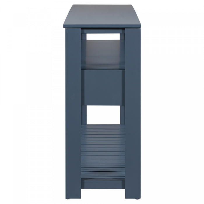 Table d'entree Ava 62,2'' avec tiroirs et etageres ouvertes, bleu marine