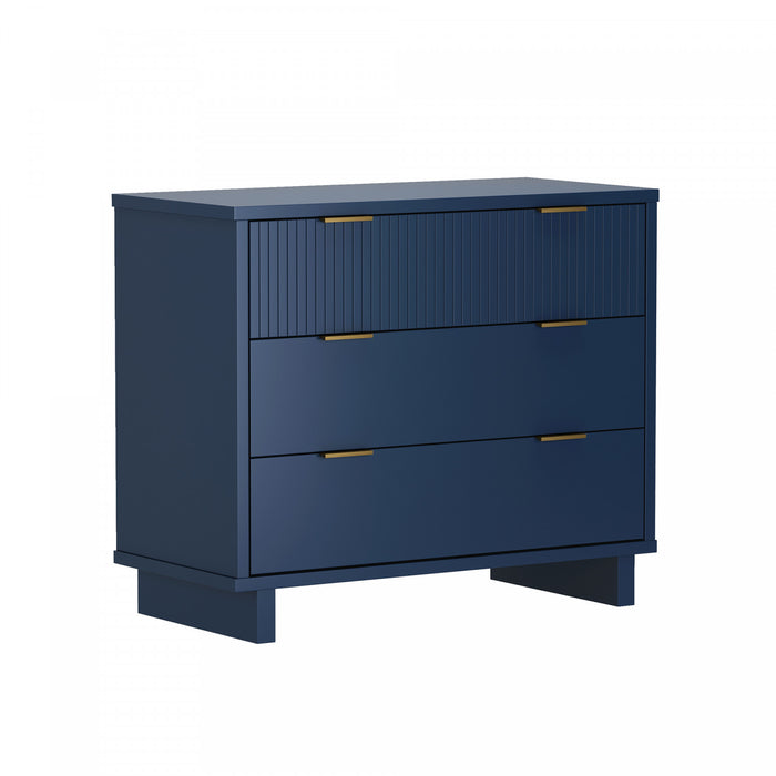 Commode contemporaine Elara 38\" en bois massif bleu minuit (3 tiroirs)