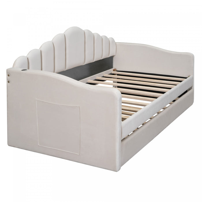 Lily Lit Relevable Capitonne avec Lit Gigogne et Ports de Chargement USB, Taille Twin, Beige
