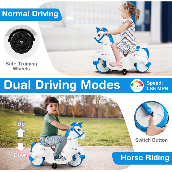 Costway 12v Enfants Monter Sur Jouet Unicorne Avec Roues D'entrainement Musique Un Bouton Demarrer Cheval Jouet Bleu